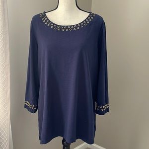~JM Collection Navy Blue 3/4 Length Sleeves Cotton Tunic Top Grommets Size XL